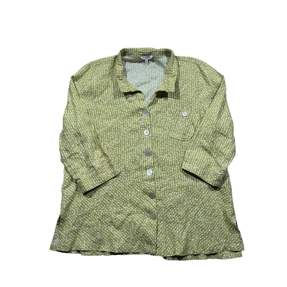 John Mark Linen Button Up 3/4 Length Shirt XL Green White Coastal Layers Summer